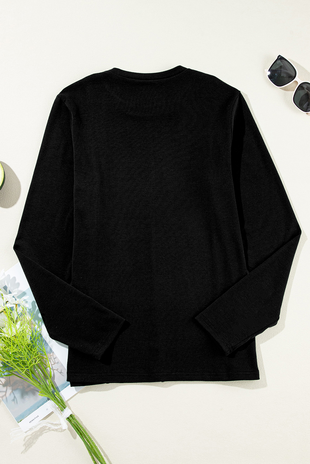 Black Solid Exposed Seam Crew Neck Long Sleeve Top - Image 8