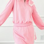 Pink Peter Pan Lace Embellished Neck Collision Sweatshirt and Skirt Two Piece Set