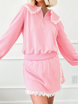 Pink Peter Pan Lace Embellished Neck Collision Sweatshirt and Skirt Two Piece Set