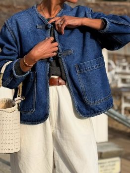 Sail Blue Vintage Fastening Big Patched Pockets Straight Cut Deep Wash Denim Jacket