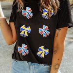 Black Cheerful Sequin Bow Patched Game Day T Shirt