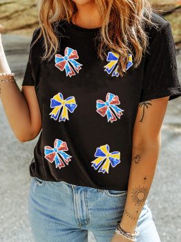 Black Cheerful Sequin Bow Patched Game Day T Shirt