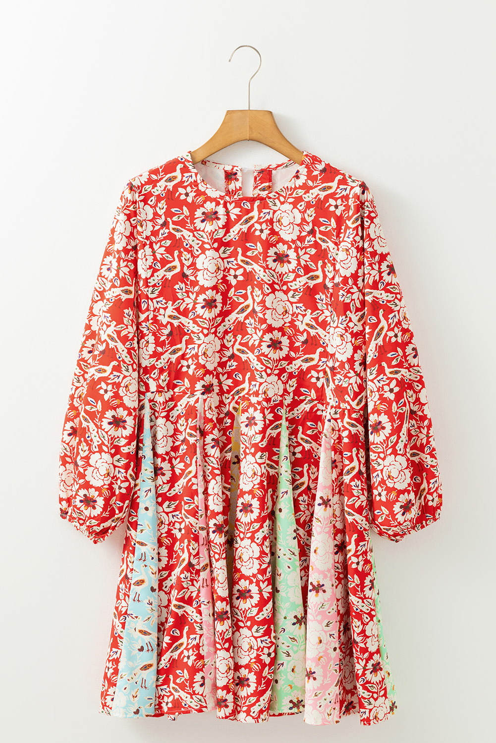 Red Colorful Floral Patchwork Long Sleeve Pleated Mini Dress - Image 4