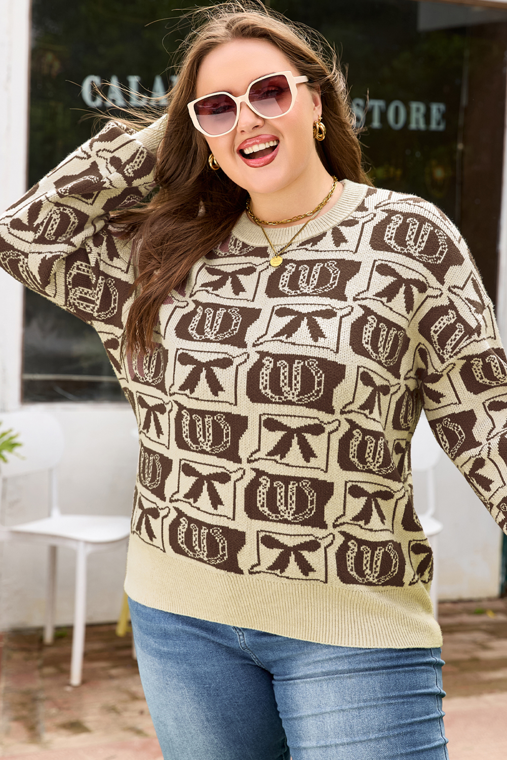 Brown Bow Horseshoe Print Checkered Plus Size Sweater - Image 4