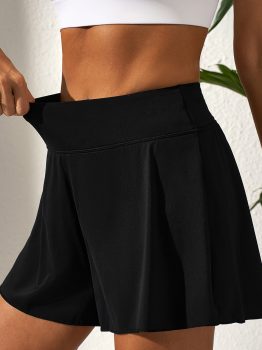Black Solid Color High Waist Wide Leg Swim Bottom