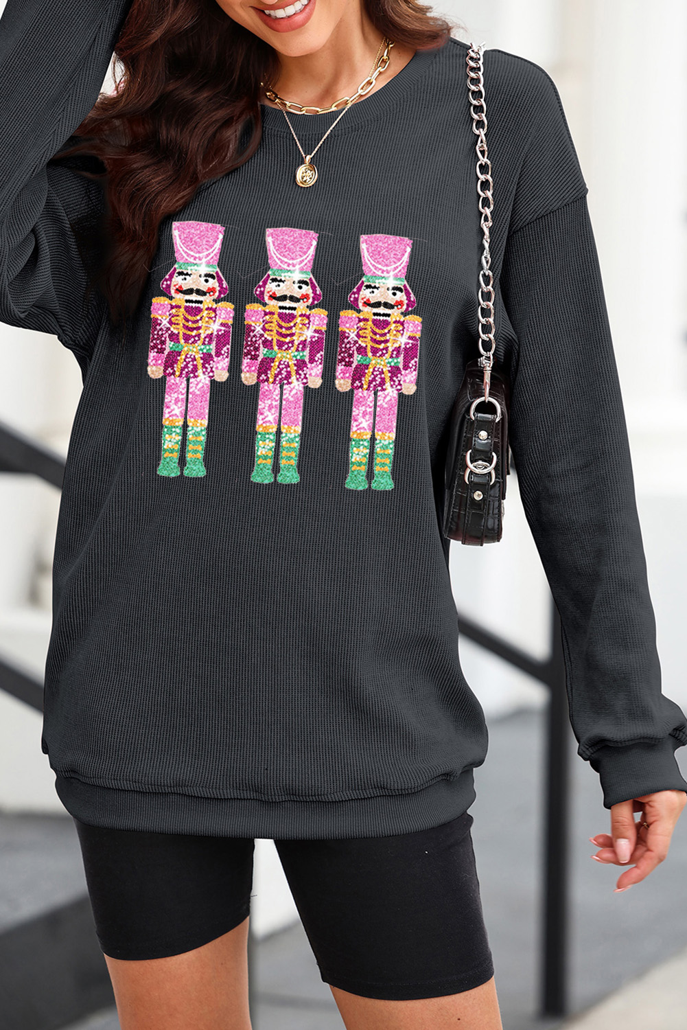 Black Christmas Sequined Nutcrackers Mineral Wash Corded Sweatshirt - Image 4
