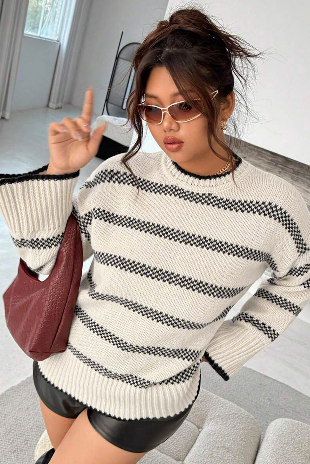 Apricot Stripe Wide Sleeve Drop Shoulder Crew Neck Plus Sweater - Image 4