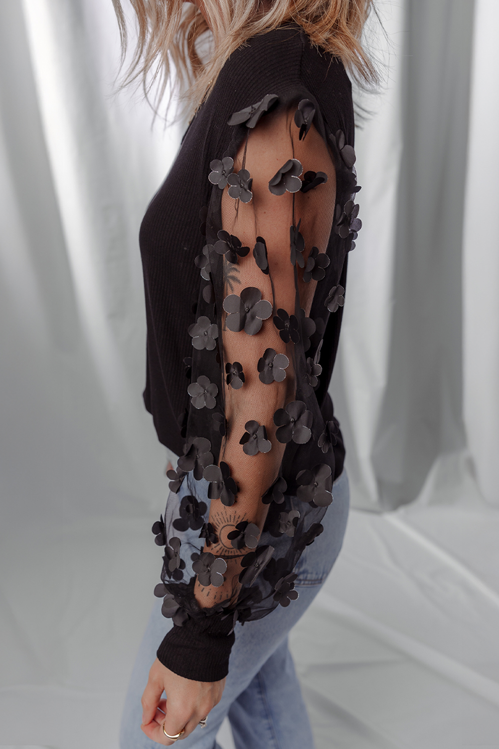 Black Flower Applique Mesh Long Sleeve V Neck Blouse - Image 3