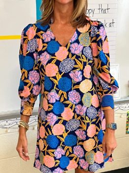 Navy Blue Hydrangea Floral Print Bishop Sleeve V Neck Shift Dress