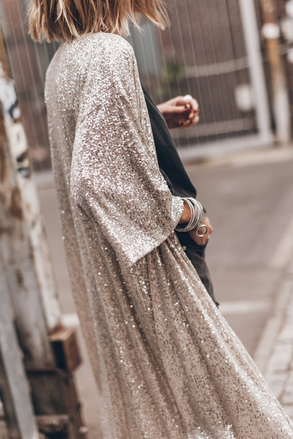 Apricot Sequin 3/4 Sleeve Open Front Duster Kimono - Image 4