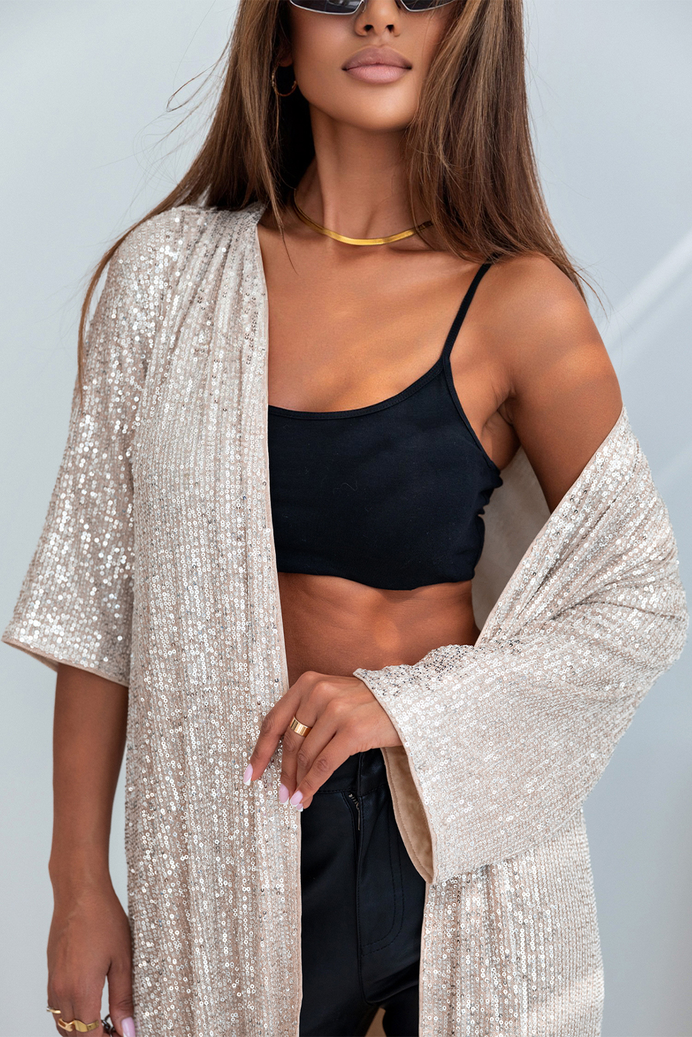 Apricot Sequin 3/4 Sleeve Open Front Duster Kimono - Image 8