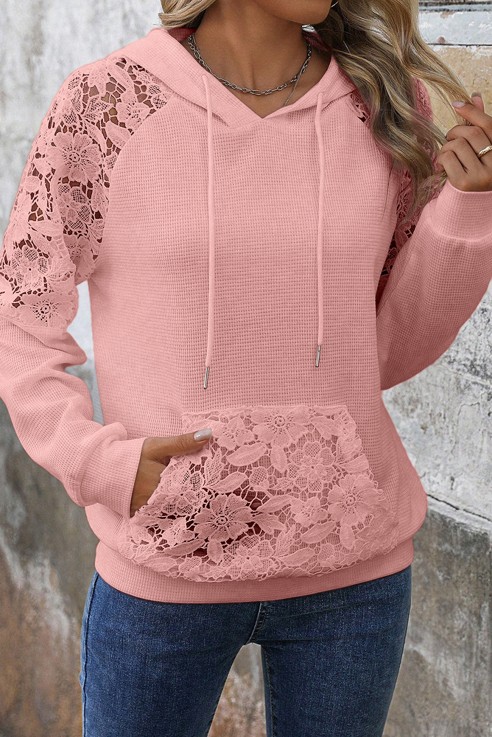 Gossamer Pink Lace Patchwork Raglan Sleeve Kangaroo Pocket Waffle Hoodie - Image 4