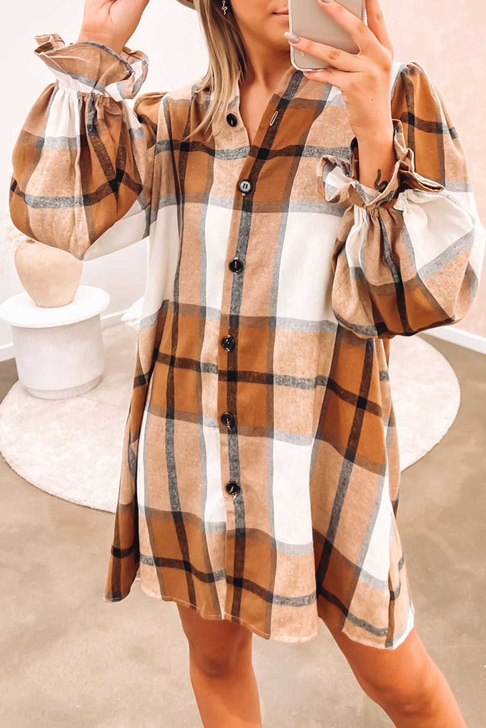 Khaki Plaid Pattern Collared Neck Ruffled Sleeve Shirt Dress - Image 7