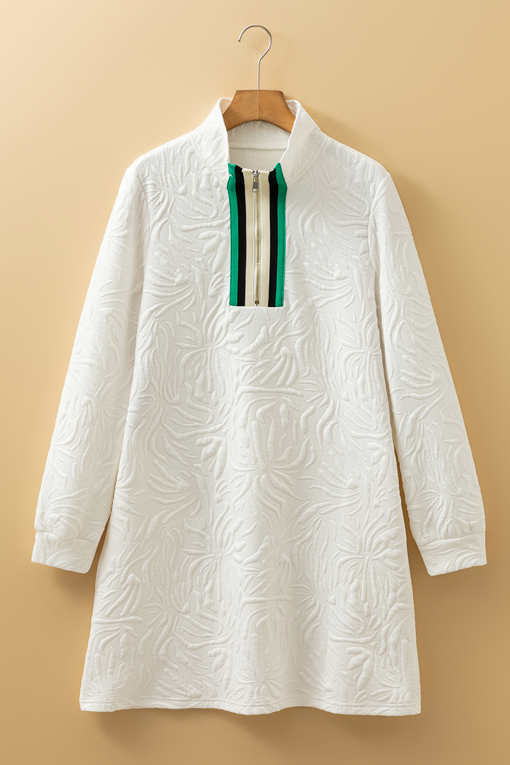 White Jacquard Textured Quarter Zipper Shift Mini Dress - Image 2