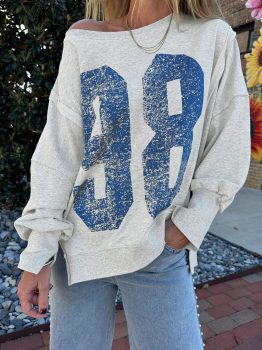 Light Grey Faded Varsity Print Loose Pullover Top