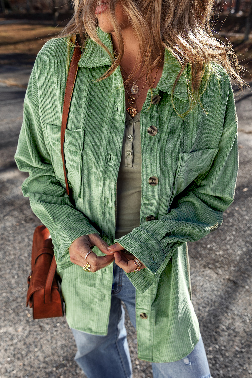 Mist Green Patched Pocket Button Up Corduroy Shacket - Image 3