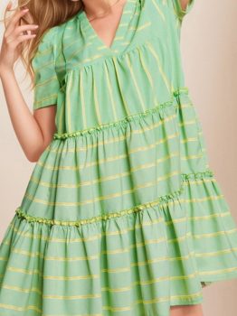 Green Stripe V Neck Short Sleeve Frilled Detail A-line Dress