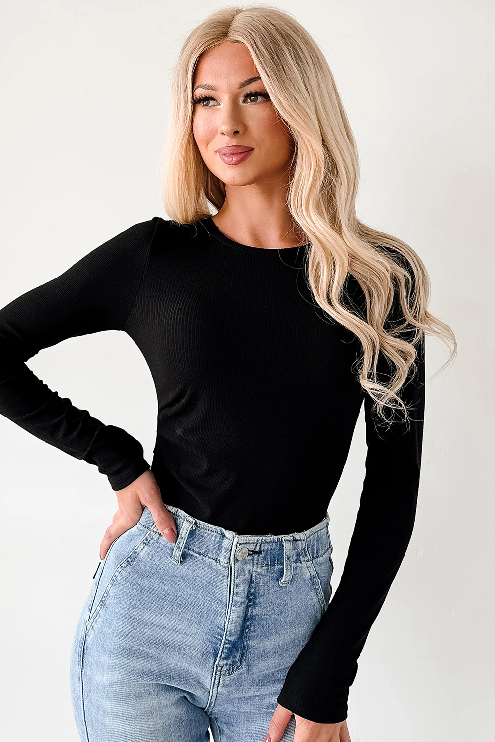 Black Ribbed Long Sleeve Crew Neck Solid Color Bodysuit - Image 3