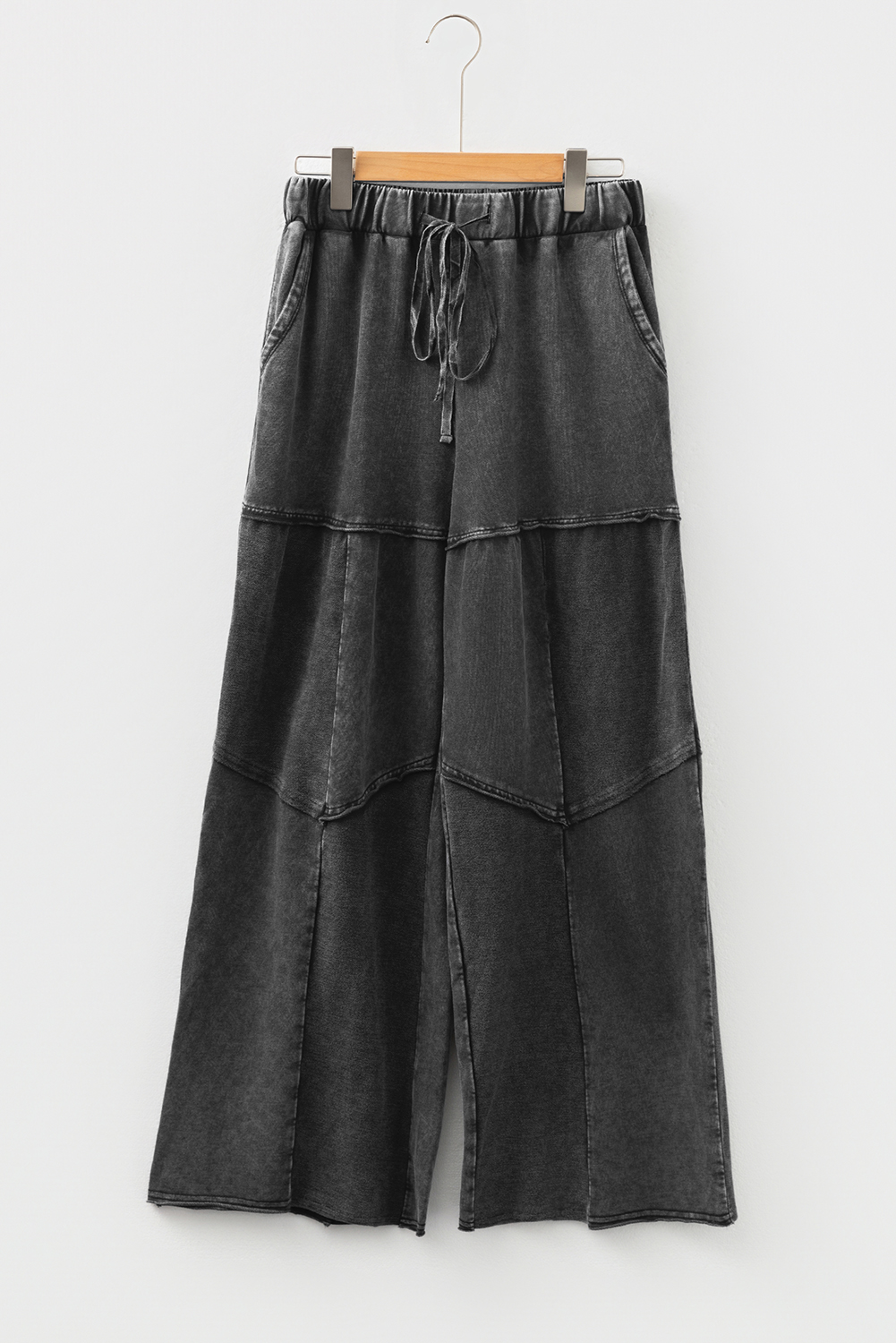 Black Mineral Wash Tiered Wide Leg Patchwork Drawstring Pants - Image 6