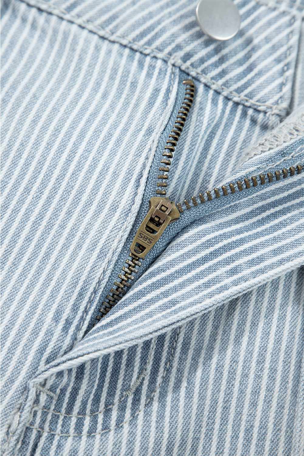 Sky Blue Stripe Button Flap Pocket Cuffed Hem Wide Leg Jeans - Image 8