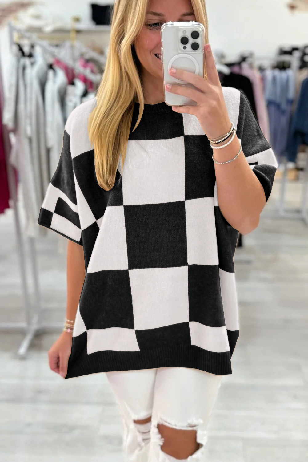 Black Checkered Pattern Loose Drop Shoulder Half Sleeve Sweater - Image 2