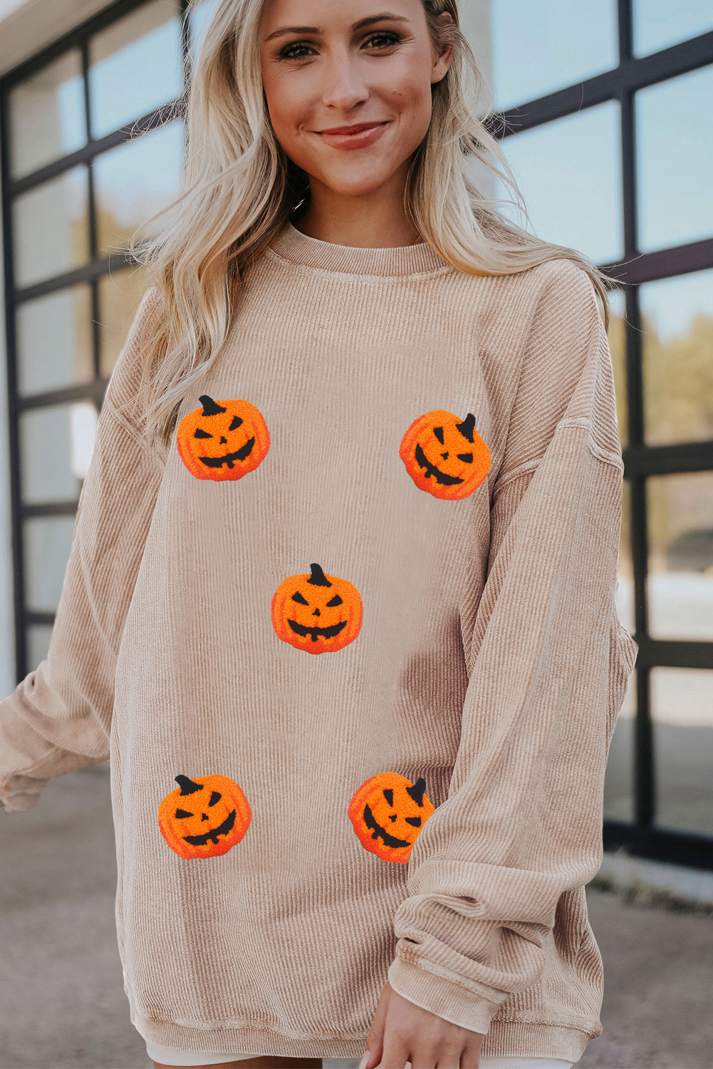 Apricot Twisted Rib Texture Chenille Halloween Pumpkin Patched Drop Shoulder Sweatshirt - Image 2