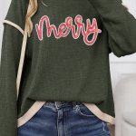 Four Leaf Clover Merry Patched Graphic Contrast Trim Christmas Knitted Long Sleeve Top