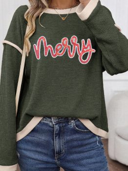Four Leaf Clover Merry Patched Graphic Contrast Trim Christmas Knitted Long Sleeve Top