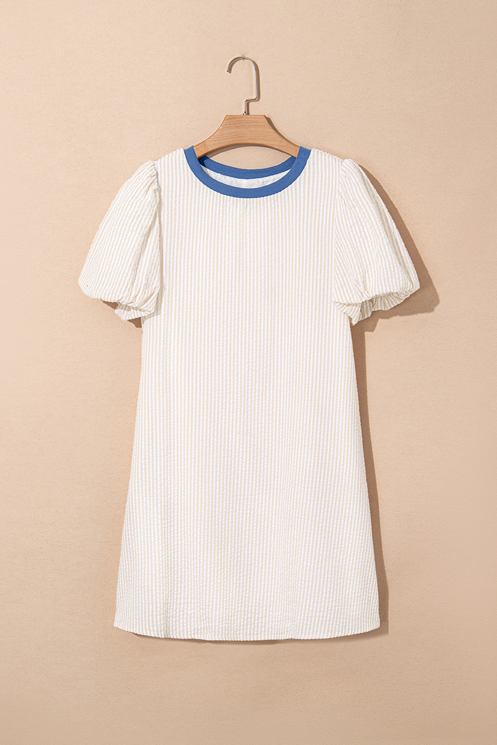 Beige Stripe Seersucker Contrast Round Neck Puff Sleeve T Shirt Dress - Image 4