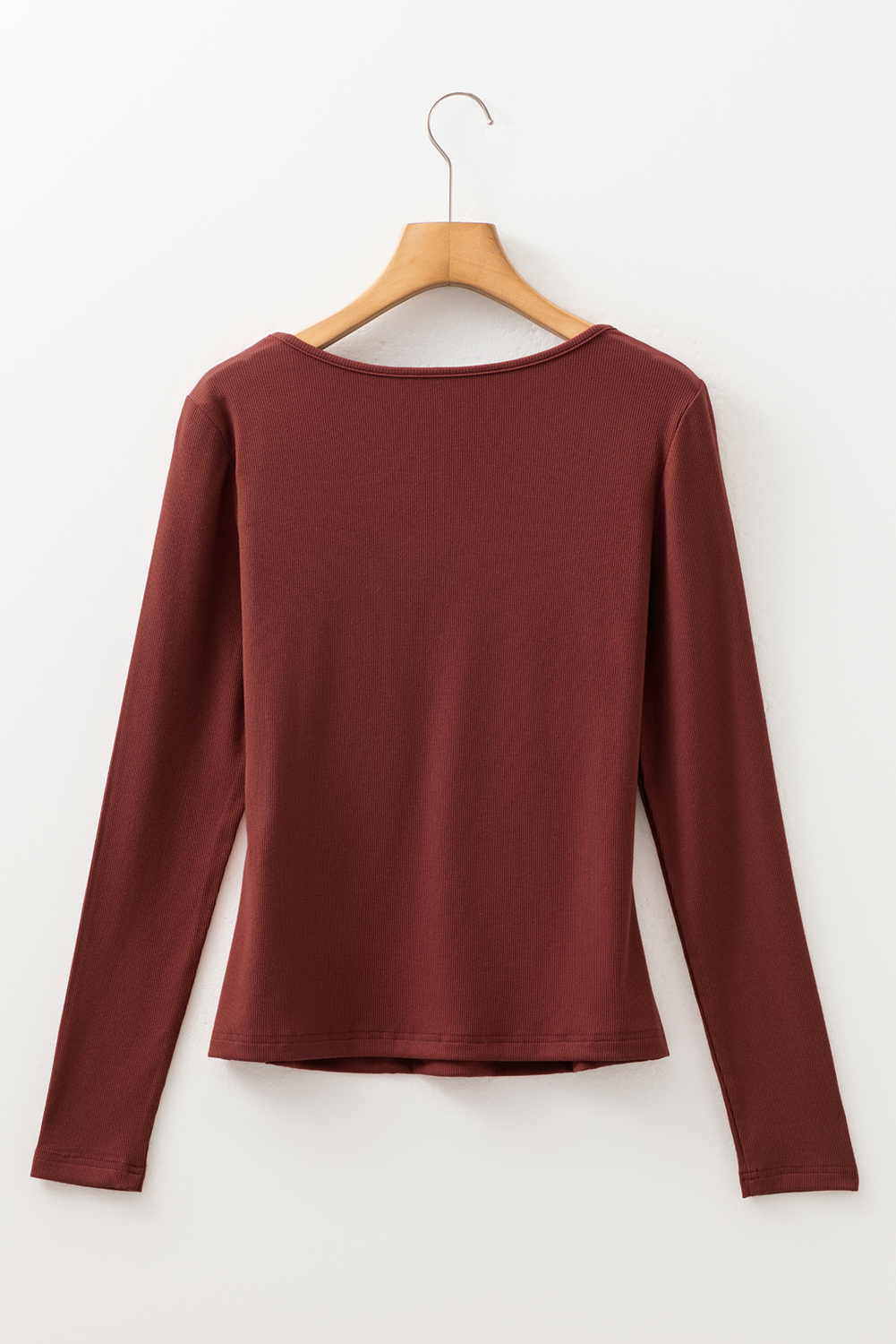 Burgundy Gathered Bust Square Neck Ribbed Fit Long Sleeve Top - Image 7