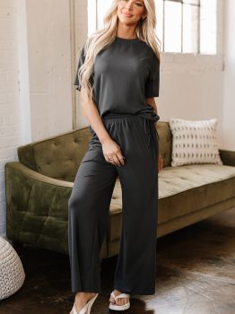 Dark Grey Drawstring Side Crewneck Tee and Loose Pants Set