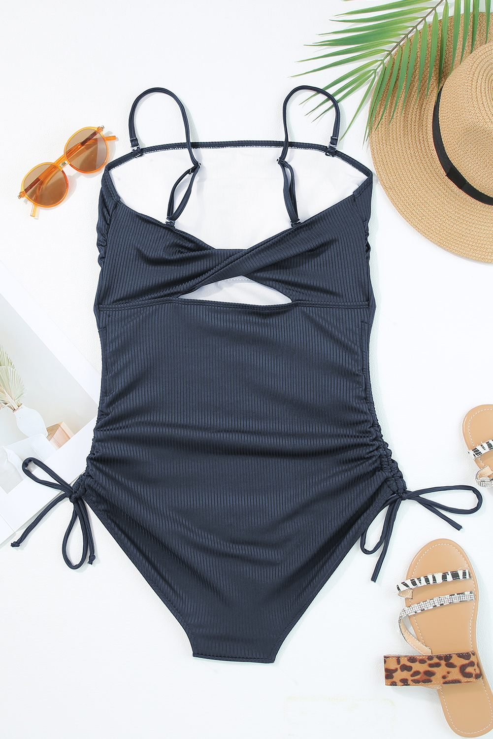 Navy Blue Ribbed Drawstring Sides Cutout One Piece Swimsuit - Image 5