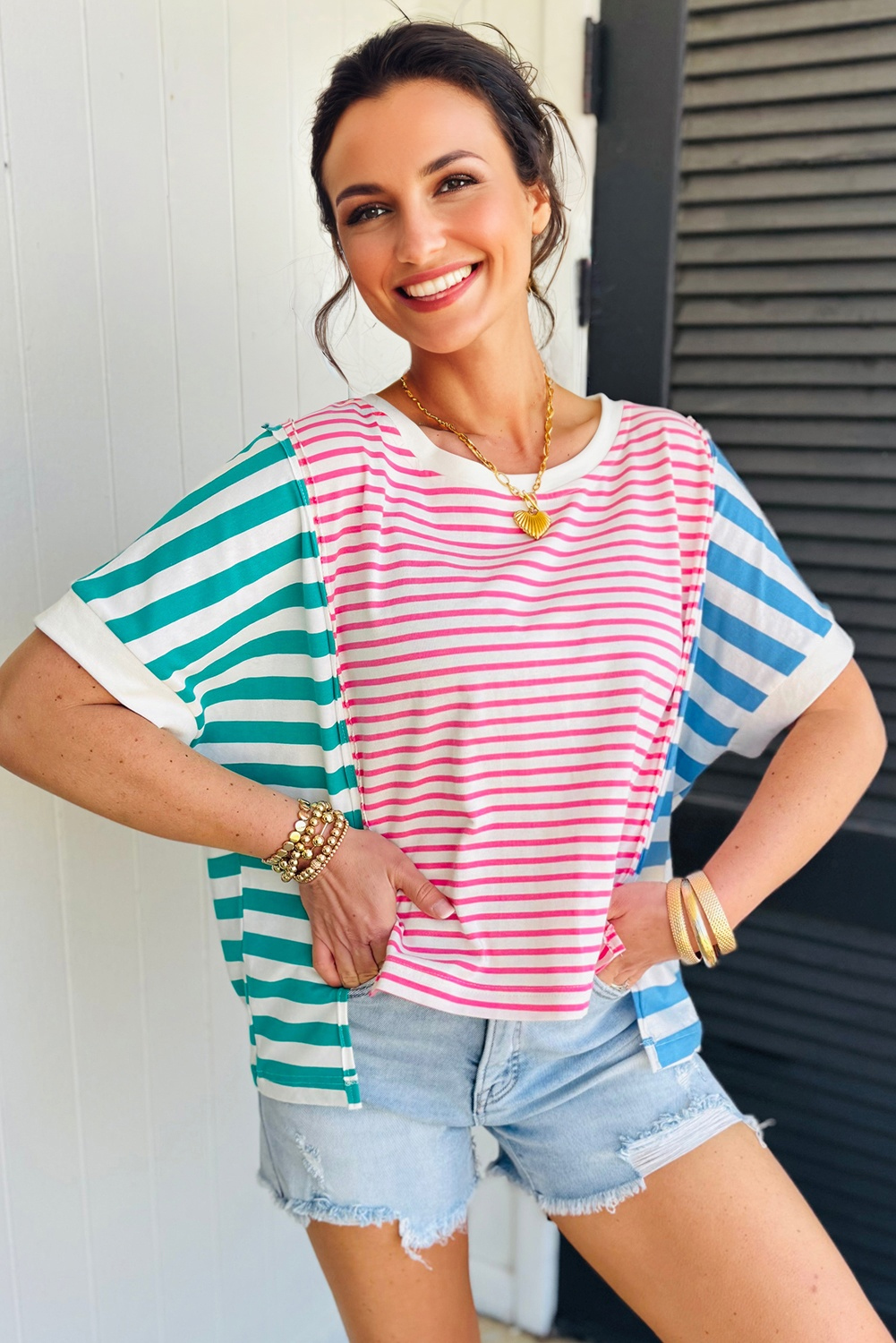 Pink Stripe Mixed Pattern Patchwork Uneven Hem Loose Tee - Image 3