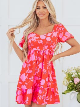 Red Floral Bubble Sleeve Sweetheart Neck Ruffled Mini Dress