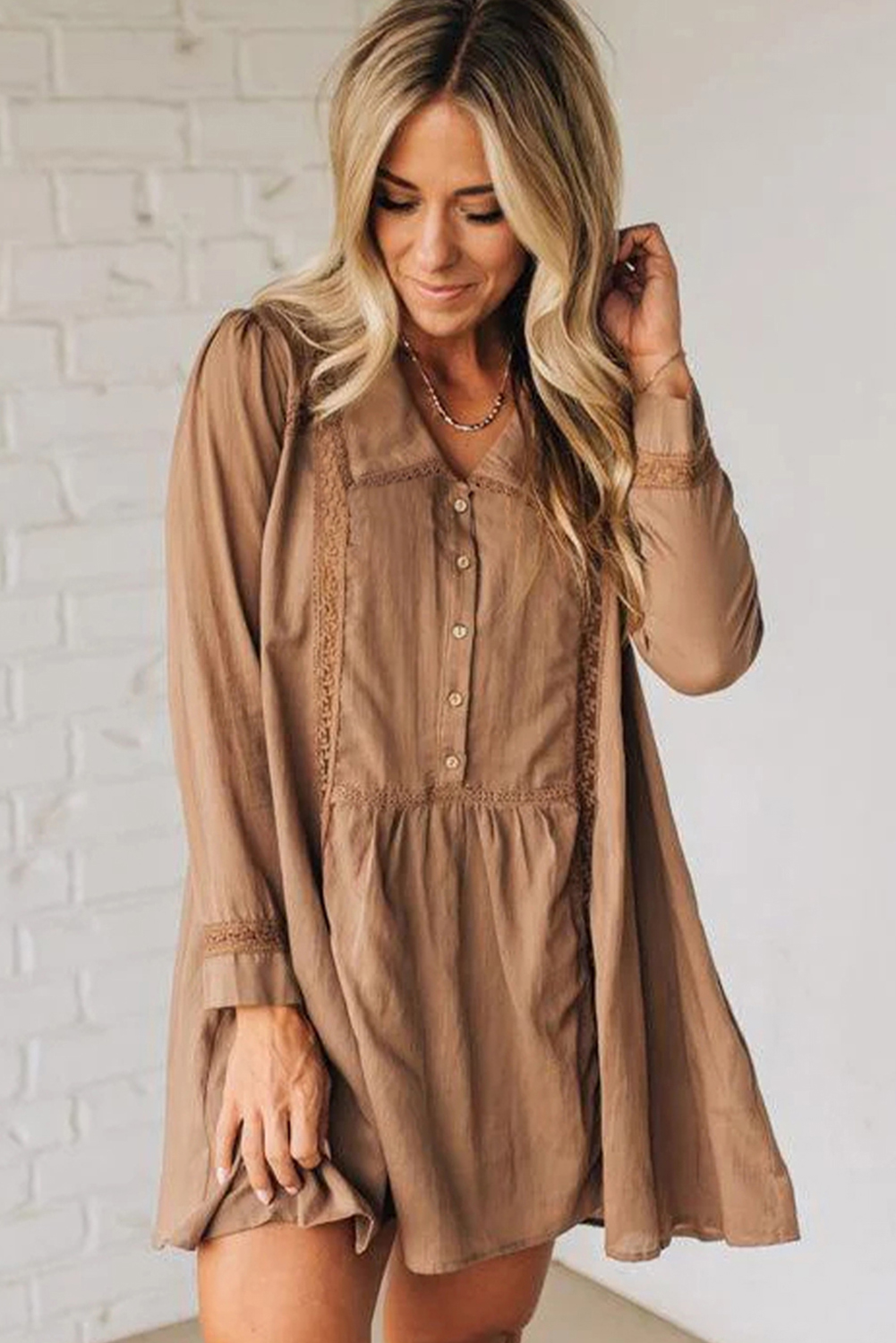 Straw Yellow Lace Trim Peter Pan Collar Long Sleeve Mini Shirt Dress - Image 4
