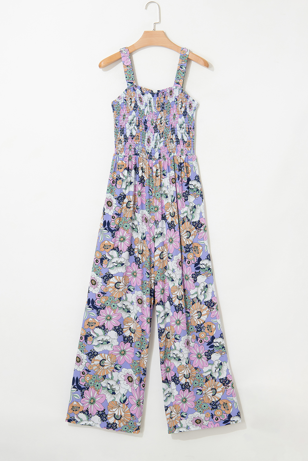 Purple Floral Print Smocked High Waist Square Neck Jumpsuit - Image 3