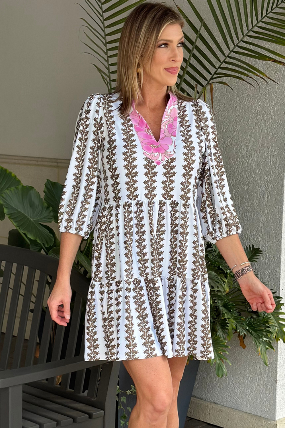 Black Contrast Floral V Neck Printed Bracelet Sleeve Dress - Image 5