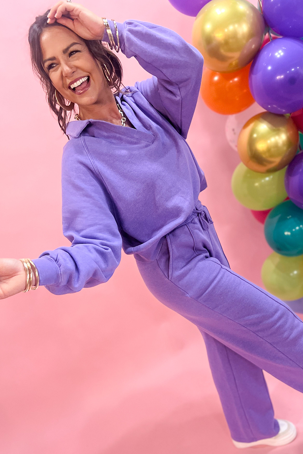 Wisteria Solid Color Collared Pullover and Central Seam Pants Set - Image 4