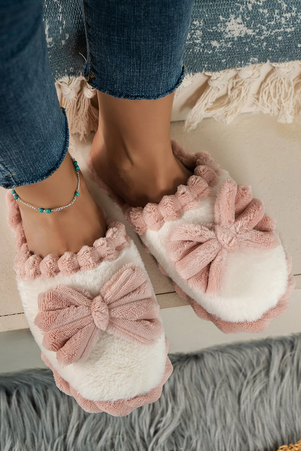 Fushia Bow Decor Color Block Ribbed Plush Slippers - Image 3