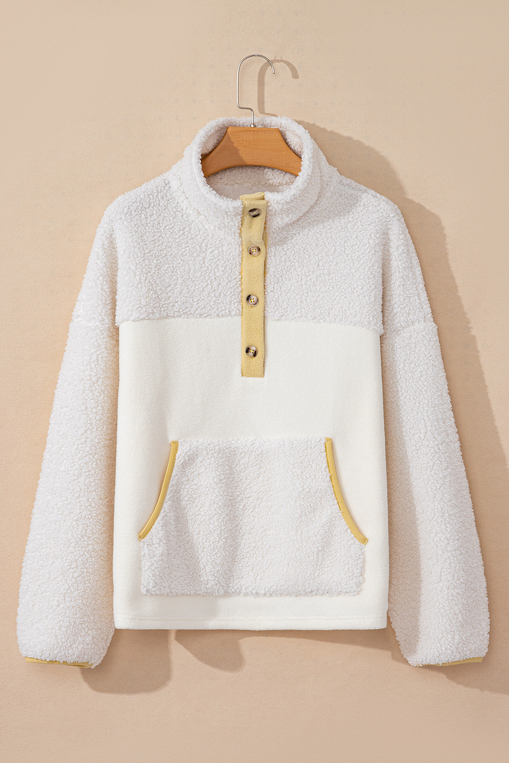 Beige Fleece Colorblock Trim Buttons Collar Sweatshirt with Pocket - Image 7