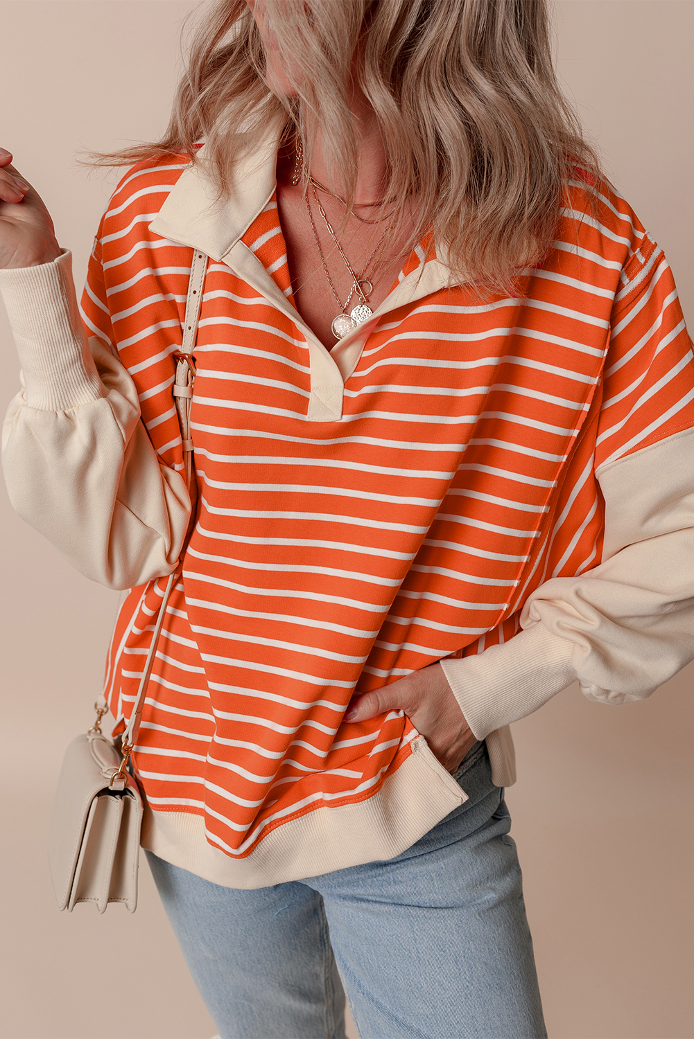 Orange Stripe Color Block Loose Fit Collared Drop Shoulder Sweatshirt - Image 5