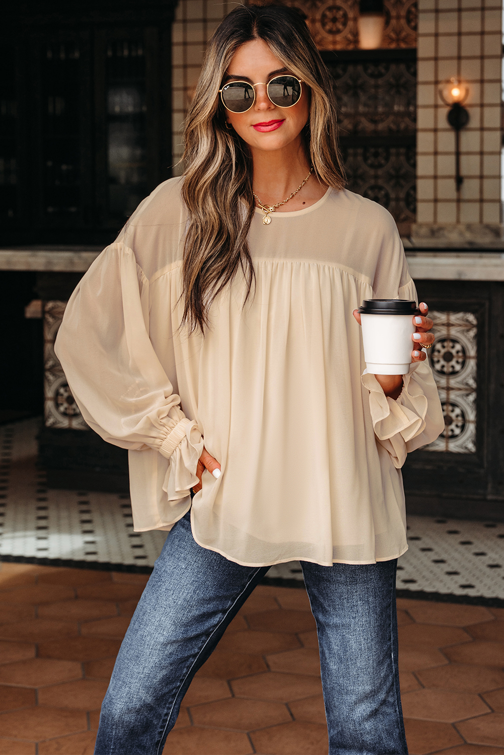 Parchment Pleated Ruffle Long Sleeve Chiffon Blouse - Image 4