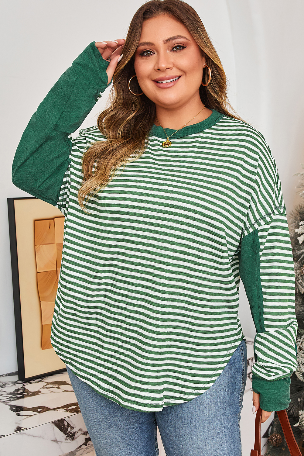 Green Stripe Exposed Seam Patchwork Plus Size Thermal Top - Image 4