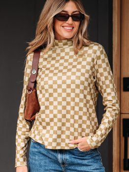 Khaki Check Pattern Turtleneck Ribbed Slim Long Sleeve Tee