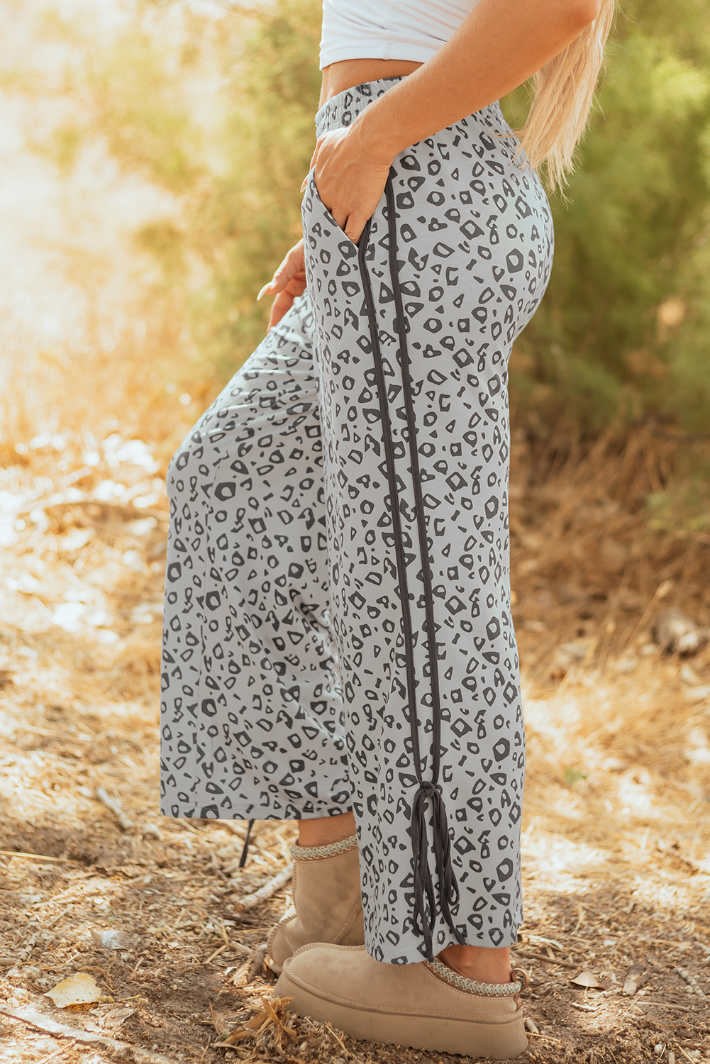 Gray Leopard High Waist Side Bow Straight Leg - Image 7