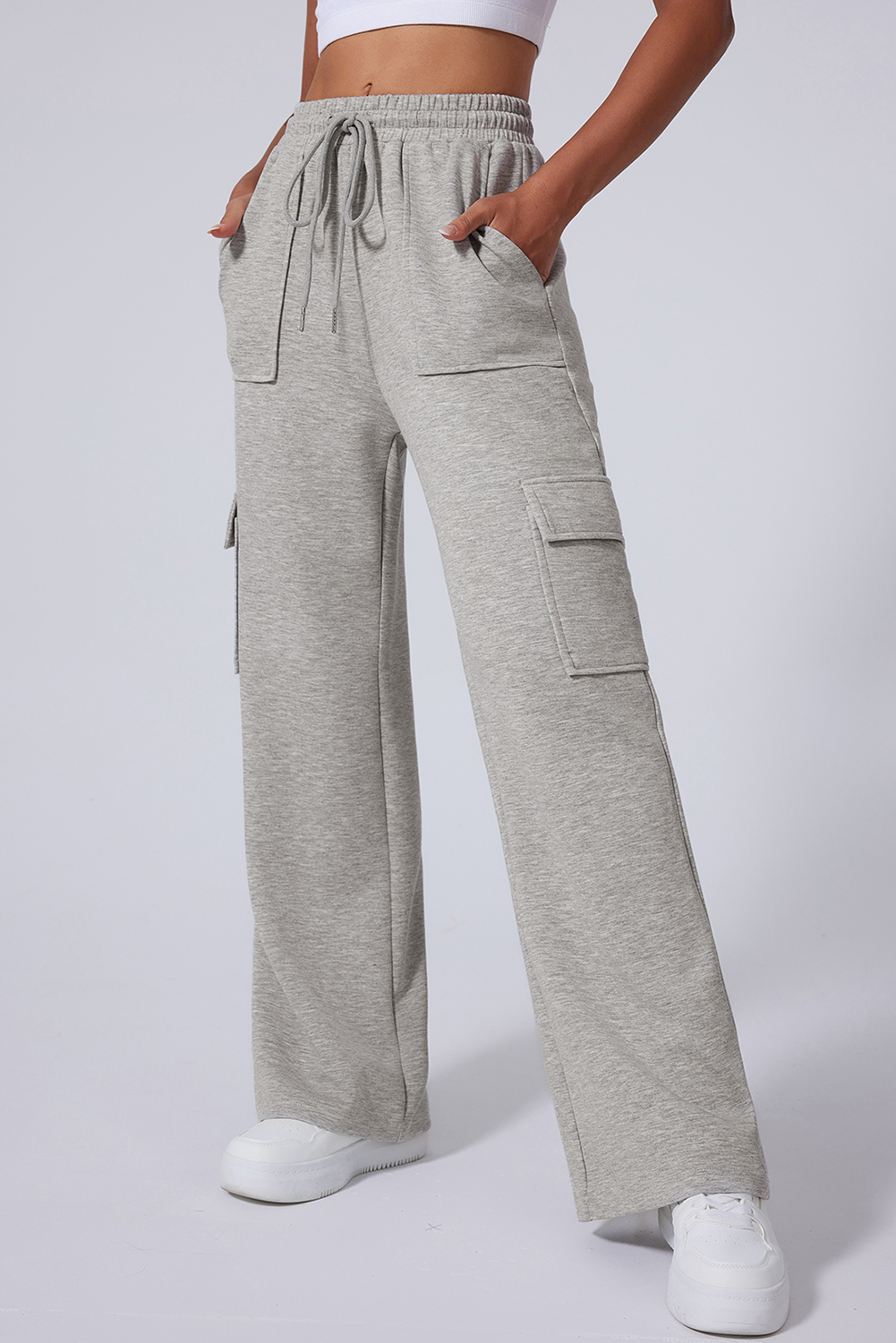 Light Grey Multi Pockets Lace-up High Waist Wide Leg Workout Pants - Image 3
