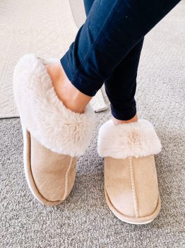 Khaki Cut and Sew Faux Suede Plush Lined Slippers