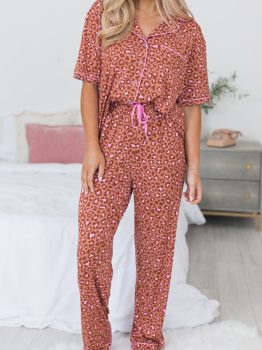Brown Leopard Print Short Sleeve Shirt and Pants Pajamas Set