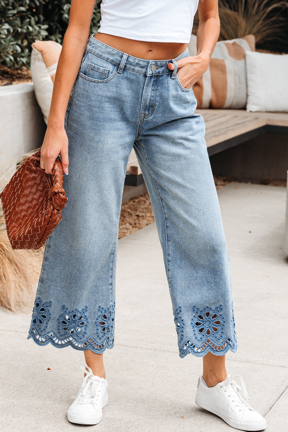 Dusk Blue Embroidered Cropped Wide Leg High Waist Jeans - Image 4