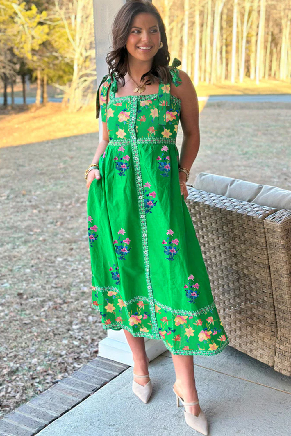 Green Floral Print Contrast Trim Knotted Straps Midi Dress - Image 4